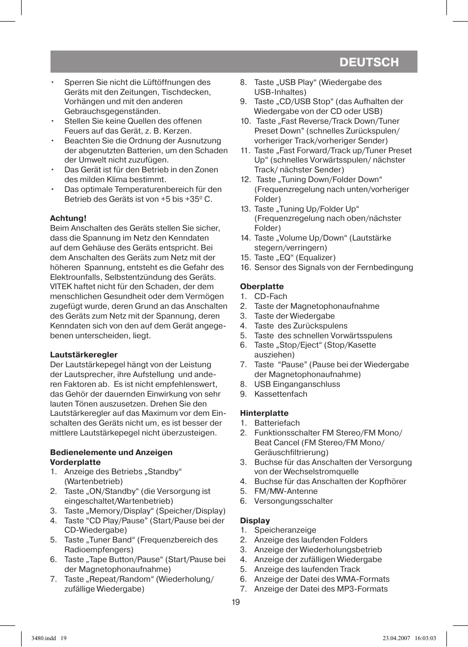Deutsch | Vitek VT-3480 GY User Manual | Page 19 / 88
