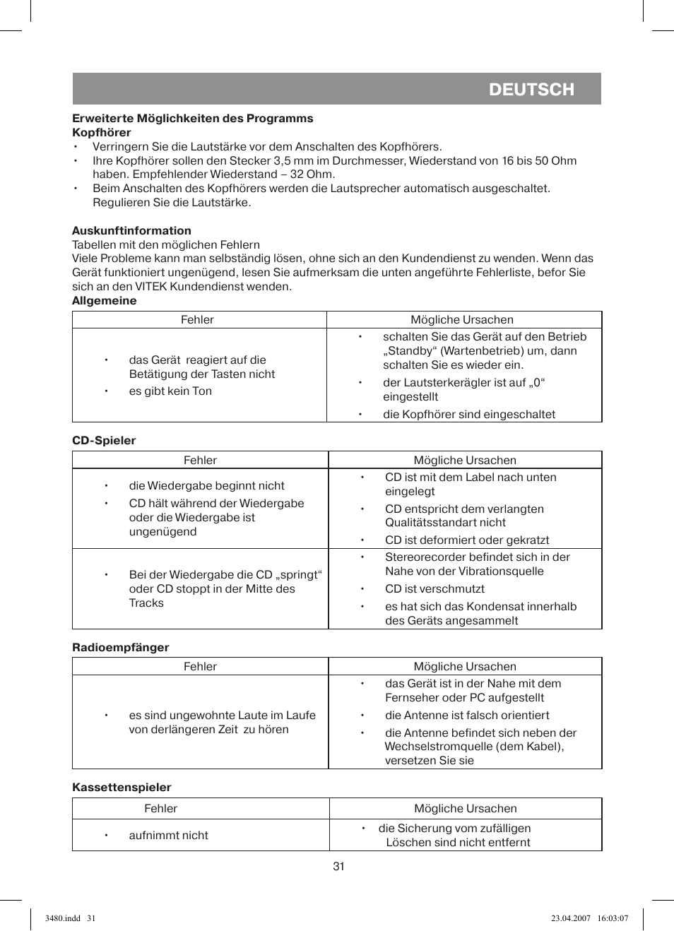 Deutsch | Vitek VT-3480 GY User Manual | Page 31 / 88