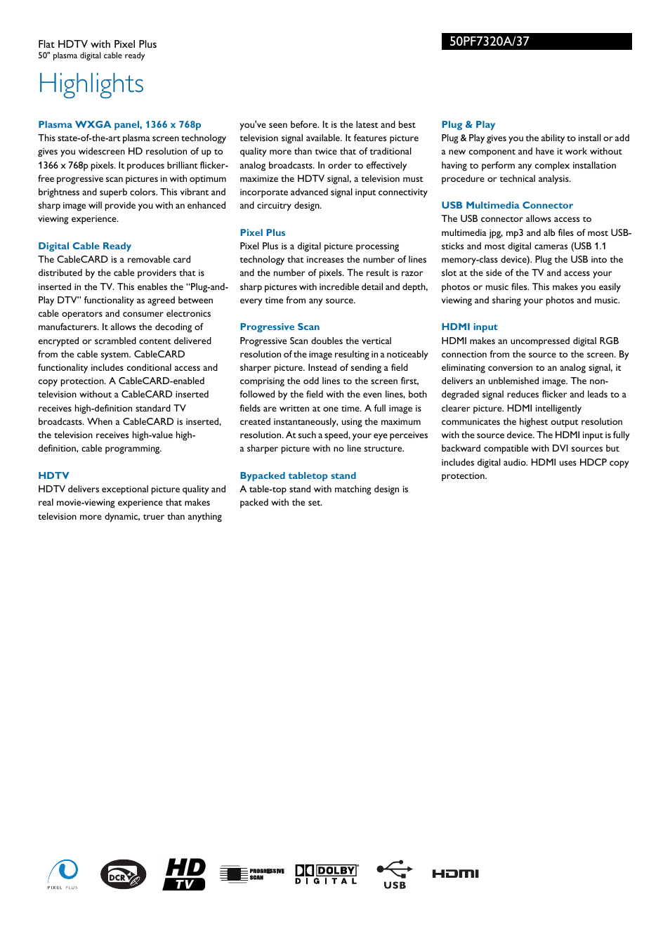 Highlights | Philips 50PF7320A-37 User Manual | Page 2 / 3