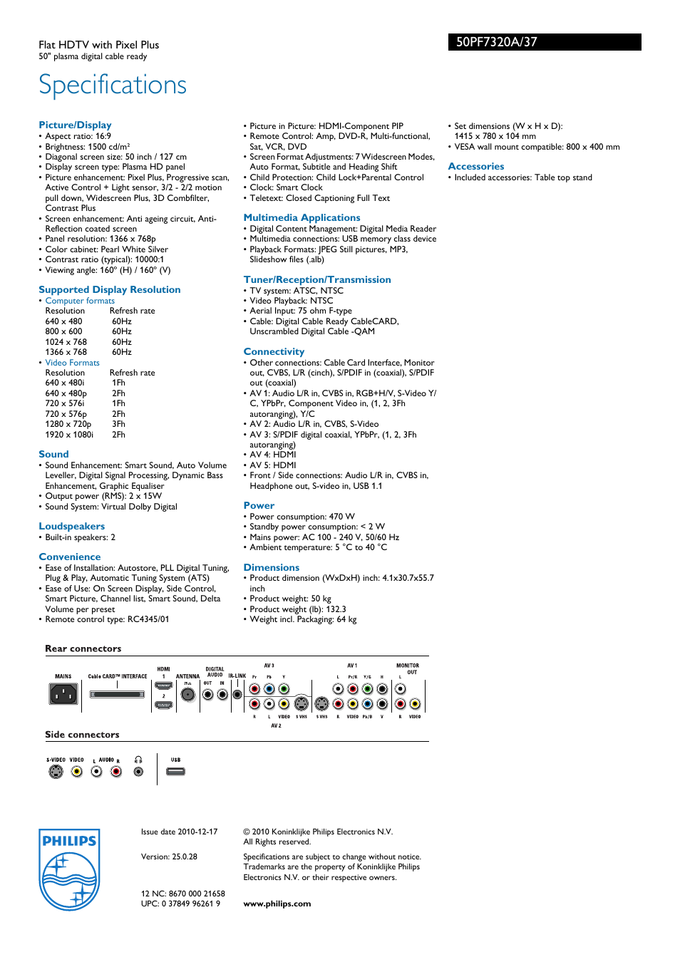 Specifications | Philips 50PF7320A-37 User Manual | Page 3 / 3