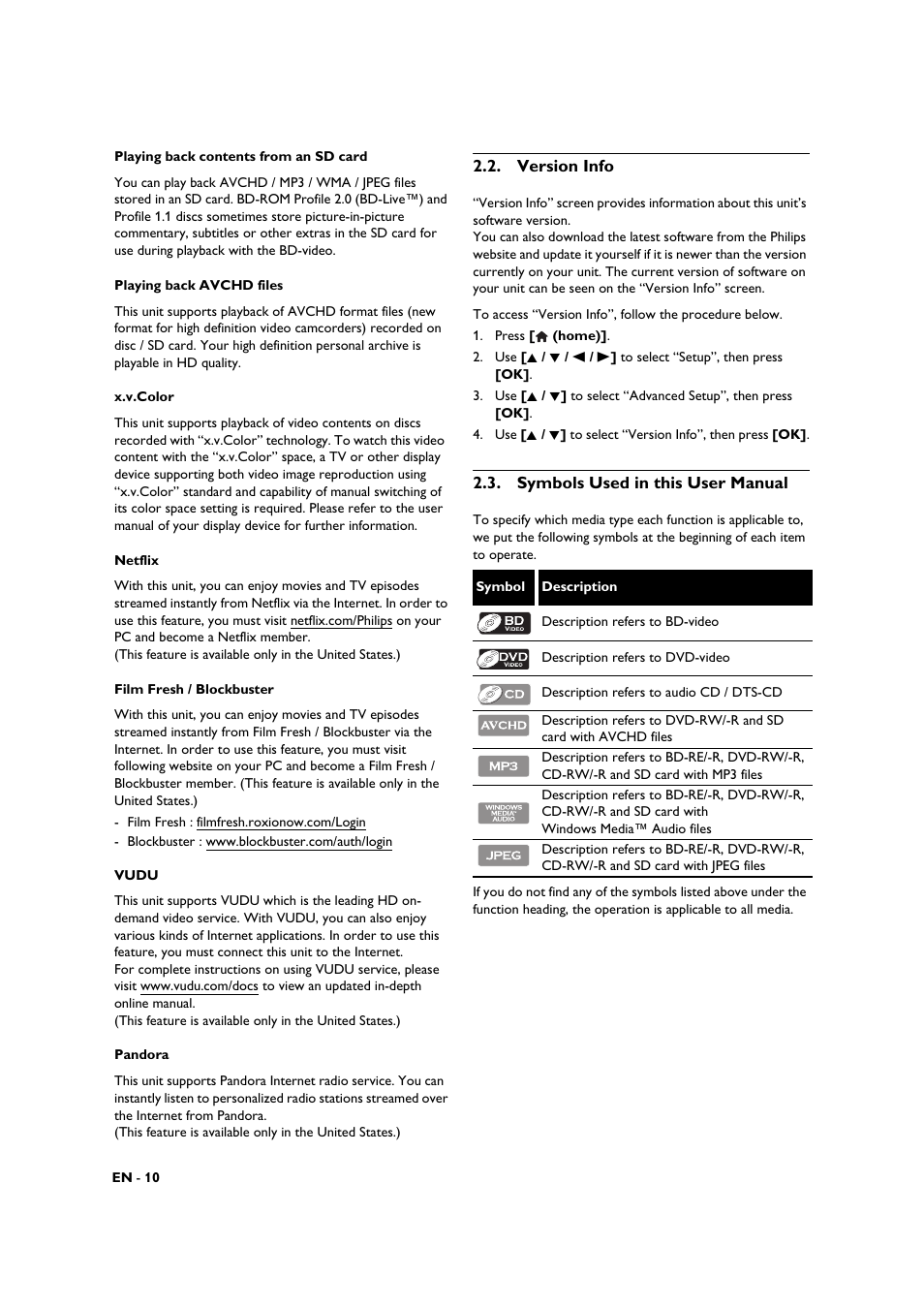 Version info, Symbols used in this user manual | Philips BDP3306-F7 User Manual | Page 10 / 68