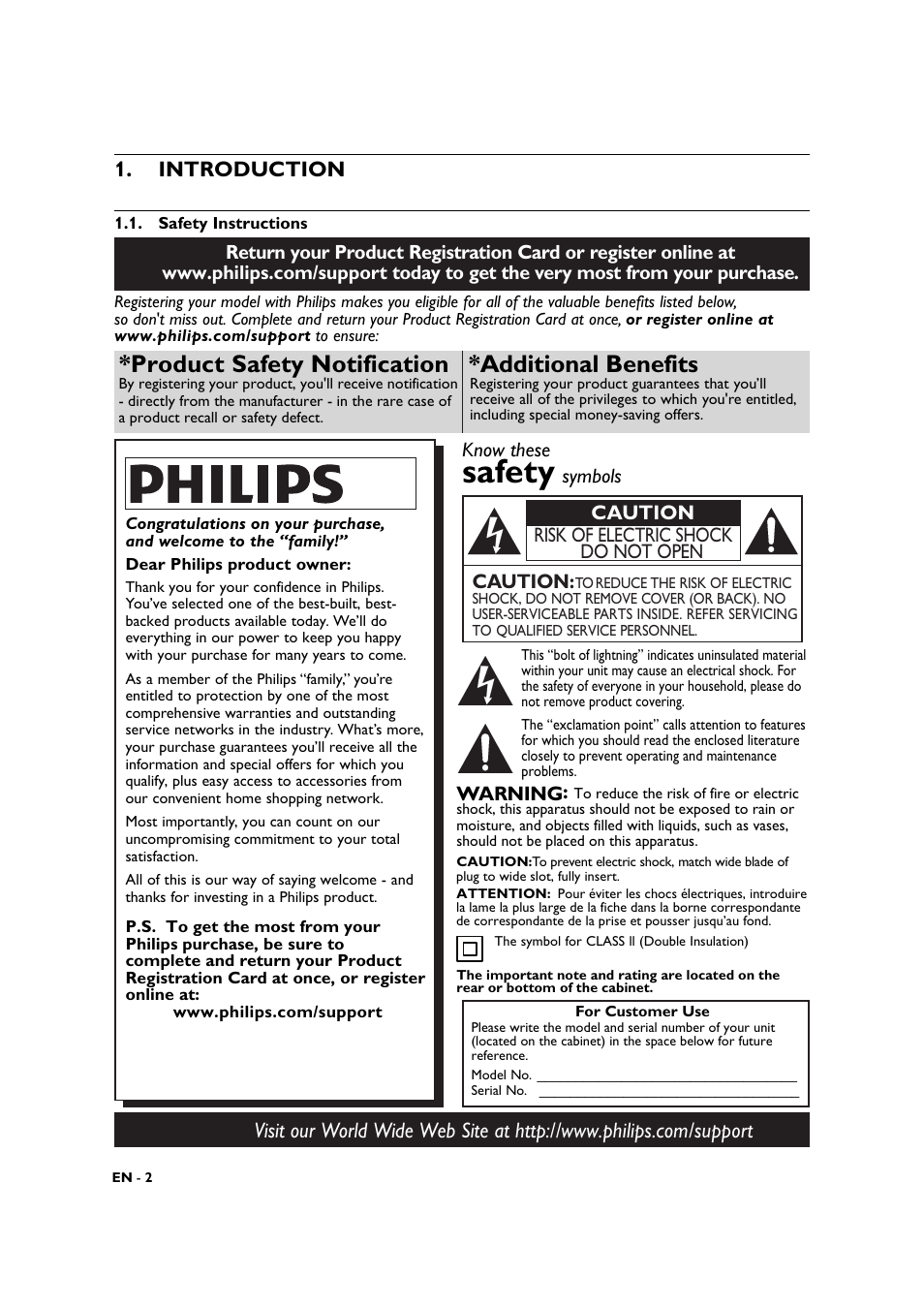 Introduction, Safety instructions, Safety | Product safety notification *additional benefits, Caution, Caution risk of electric shock do not open | Philips BDP3306-F7 User Manual | Page 2 / 68