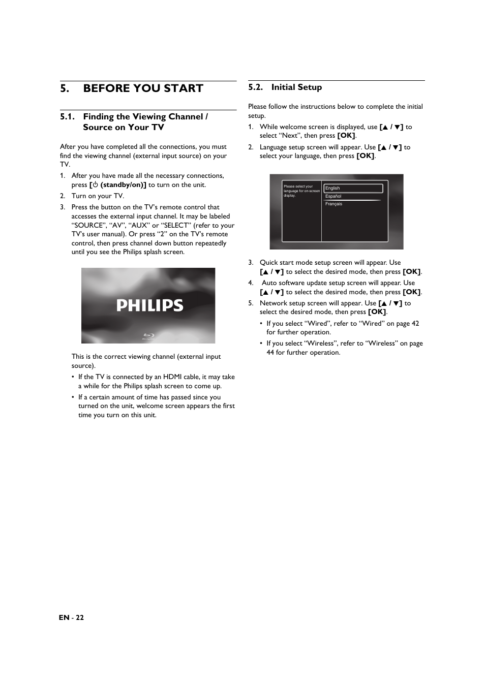Before you start, Finding the viewing channel / source on your tv, Initial setup | Finding the viewing channel / source on, Your tv | Philips BDP3306-F7 User Manual | Page 22 / 68