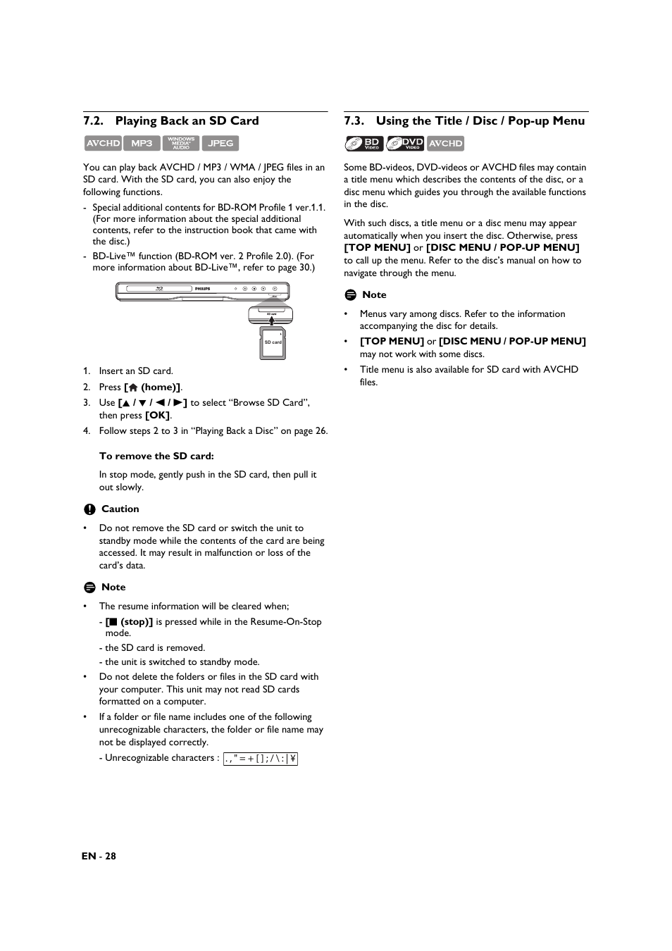 Playing back an sd card, Using the title / disc / pop-up menu | Philips BDP3306-F7 User Manual | Page 28 / 68