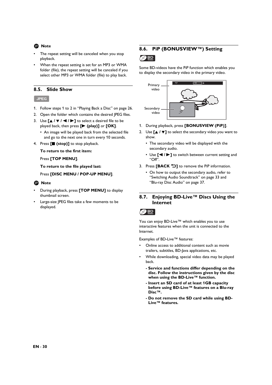 Slide show, Pip (bonusview™) setting, Enjoying bd-live™ discs using the internet | Philips BDP3306-F7 User Manual | Page 30 / 68