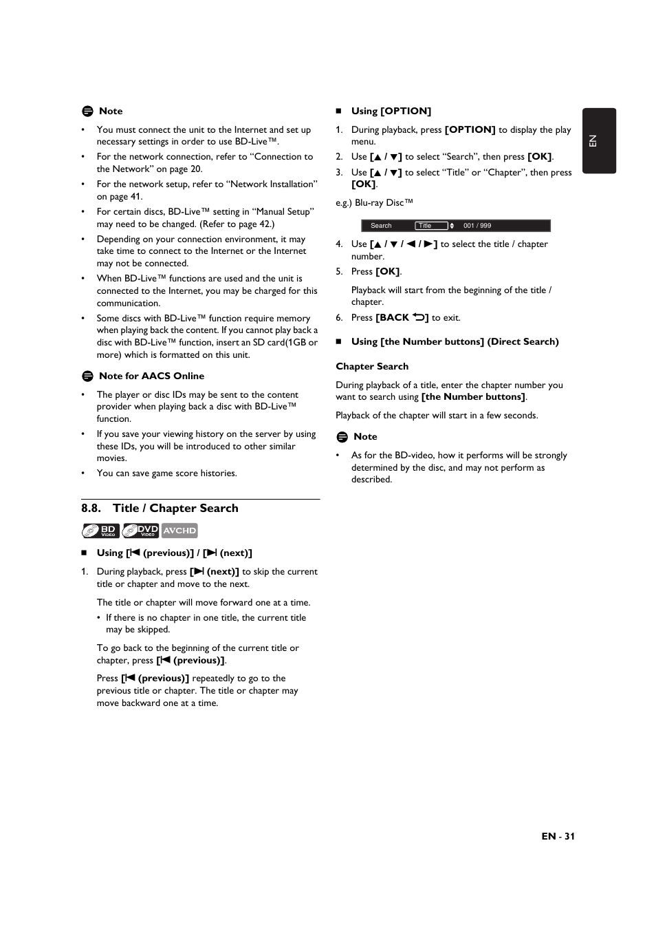 Title / chapter search | Philips BDP3306-F7 User Manual | Page 31 / 68