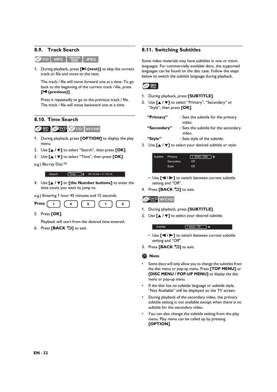 Track search, Time search, Switching subtitles | Philips BDP3306-F7 User Manual | Page 32 / 68