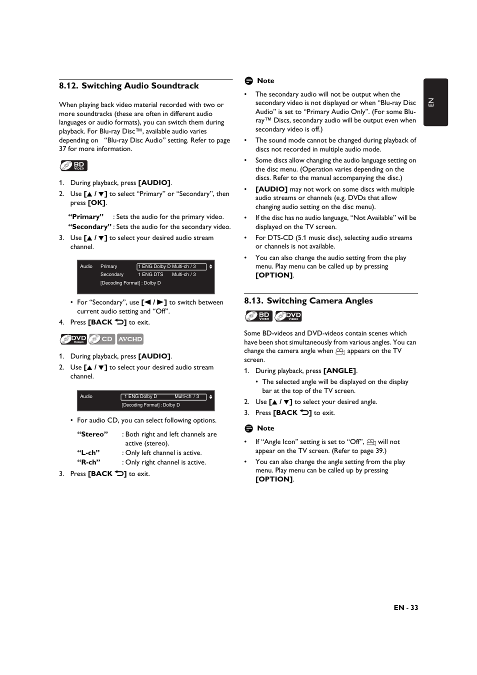 Switching audio soundtrack, Switching camera angles | Philips BDP3306-F7 User Manual | Page 33 / 68