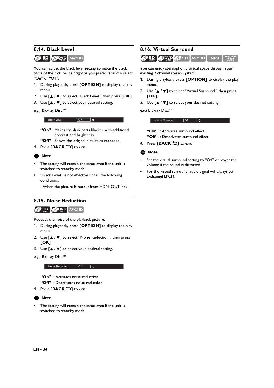 Black level, Noise reduction, Virtual surround | Philips BDP3306-F7 User Manual | Page 34 / 68
