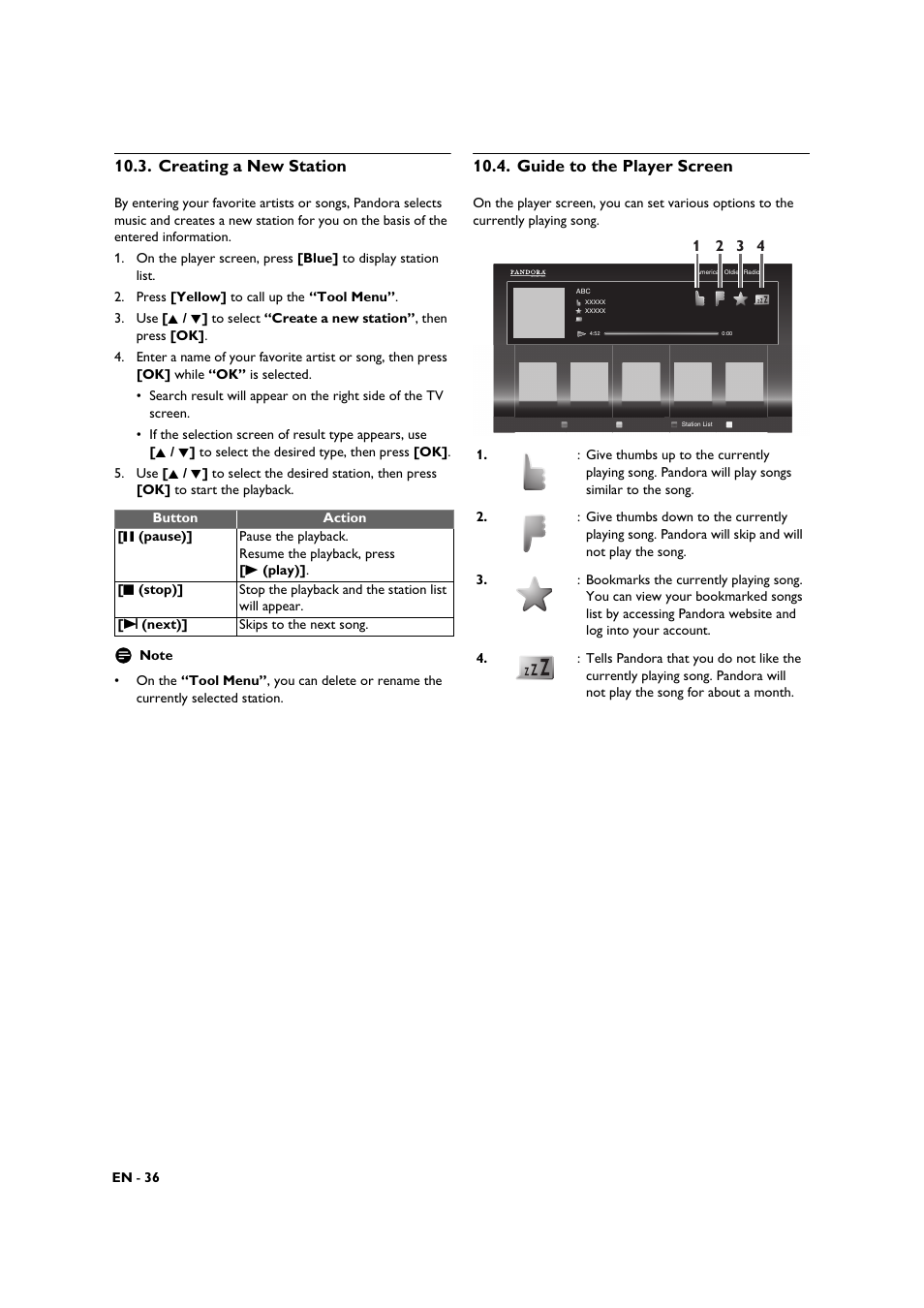 Creating a new station, Guide to the player screen | Philips BDP3306-F7 User Manual | Page 36 / 68