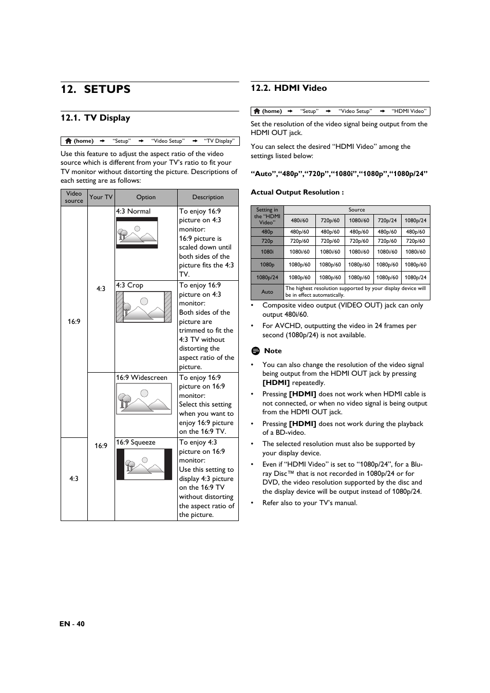 Setups, Tv display, Hdmi video | Philips BDP3306-F7 User Manual | Page 40 / 68