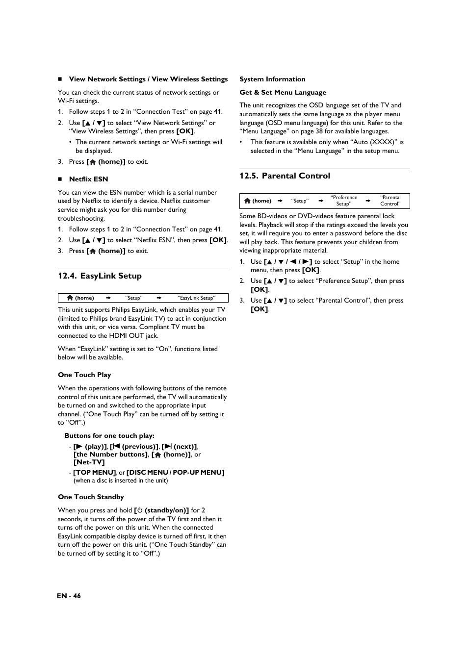 Easylink setup, Parental control | Philips BDP3306-F7 User Manual | Page 46 / 68