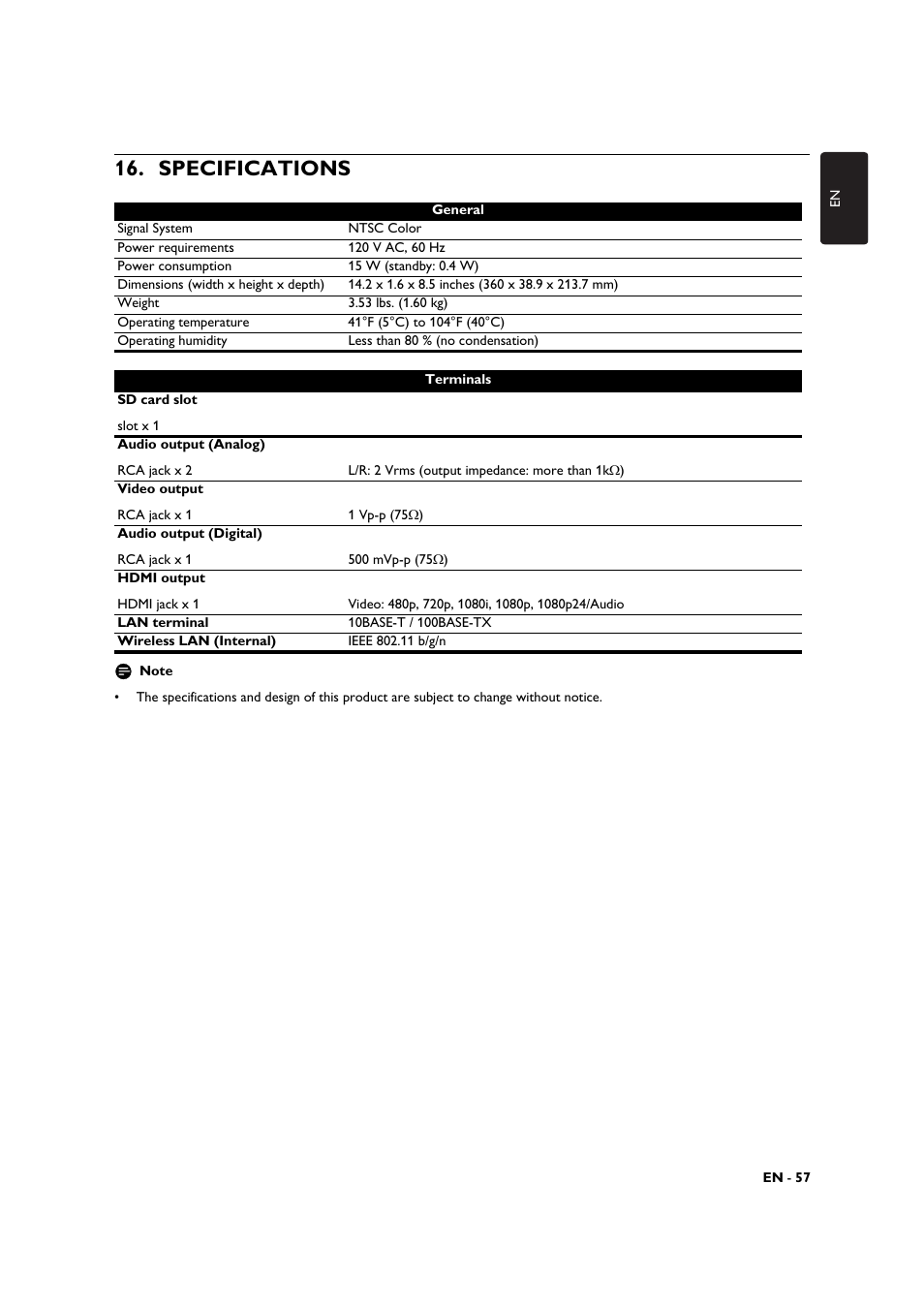 Specifications | Philips BDP3306-F7 User Manual | Page 57 / 68