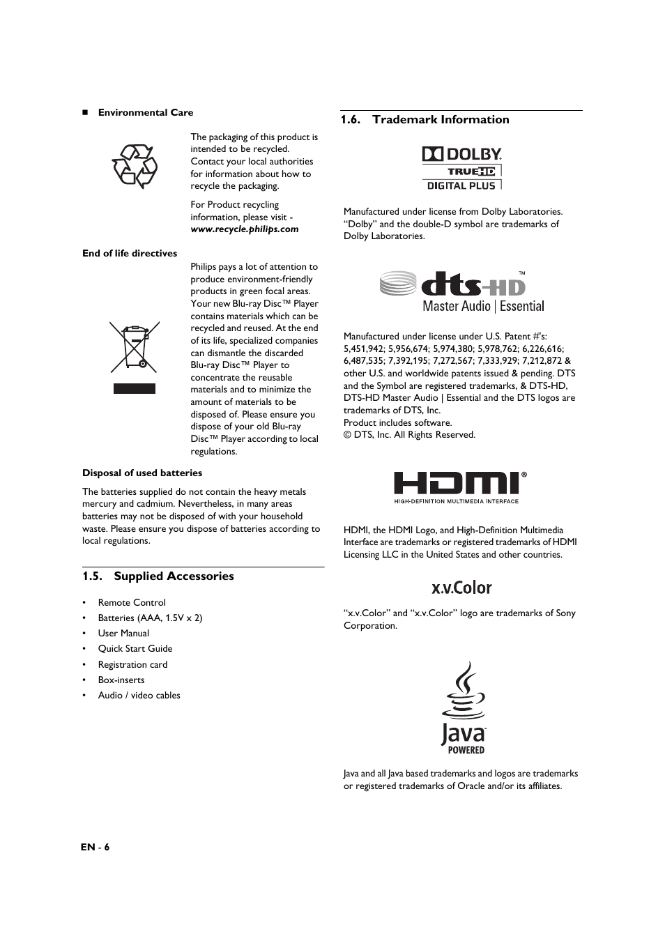 Supplied accessories, Trademark information | Philips BDP3306-F7 User Manual | Page 6 / 68