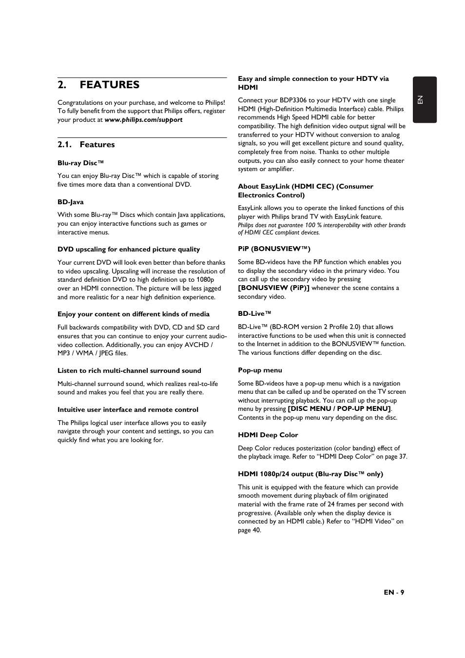 Features | Philips BDP3306-F7 User Manual | Page 9 / 68