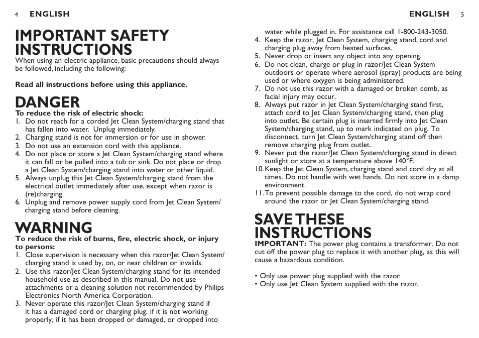 Save these instructions, Important safety instructions, Danger | Warning | Philips 1250X-45 User Manual | Page 3 / 22