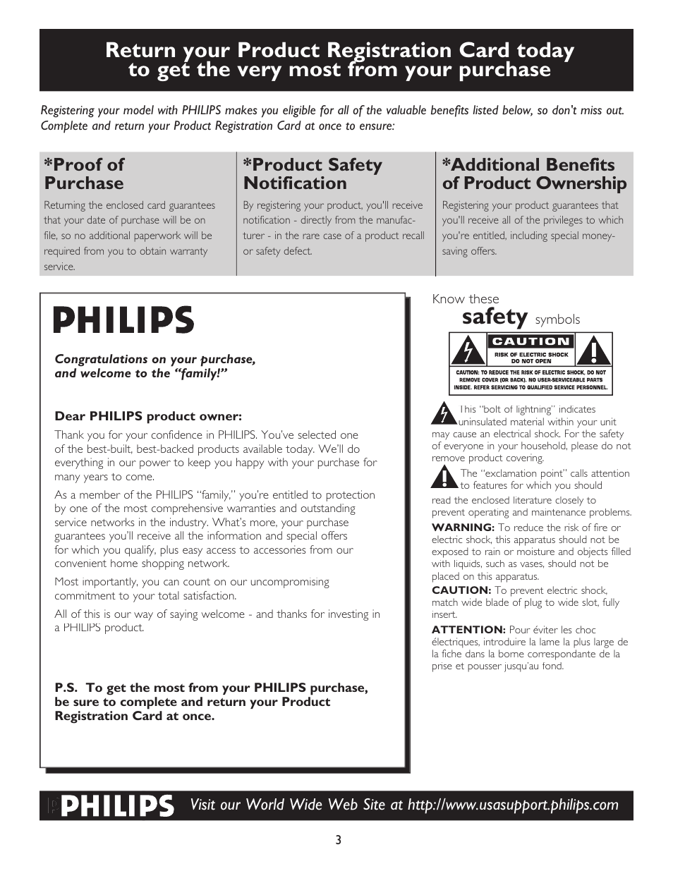 Safety, Proof of purchase, Product safety notification | Additional benefits of product ownership | Philips 20PT6446-37B User Manual | Page 3 / 36