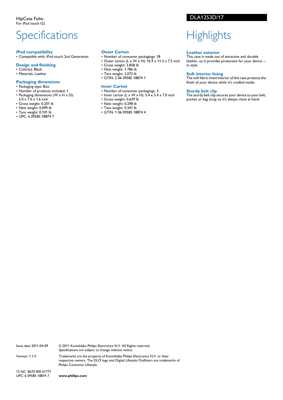 Specifications, Highlights | Philips DLA1253D-17 User Manual | Page 2 / 2