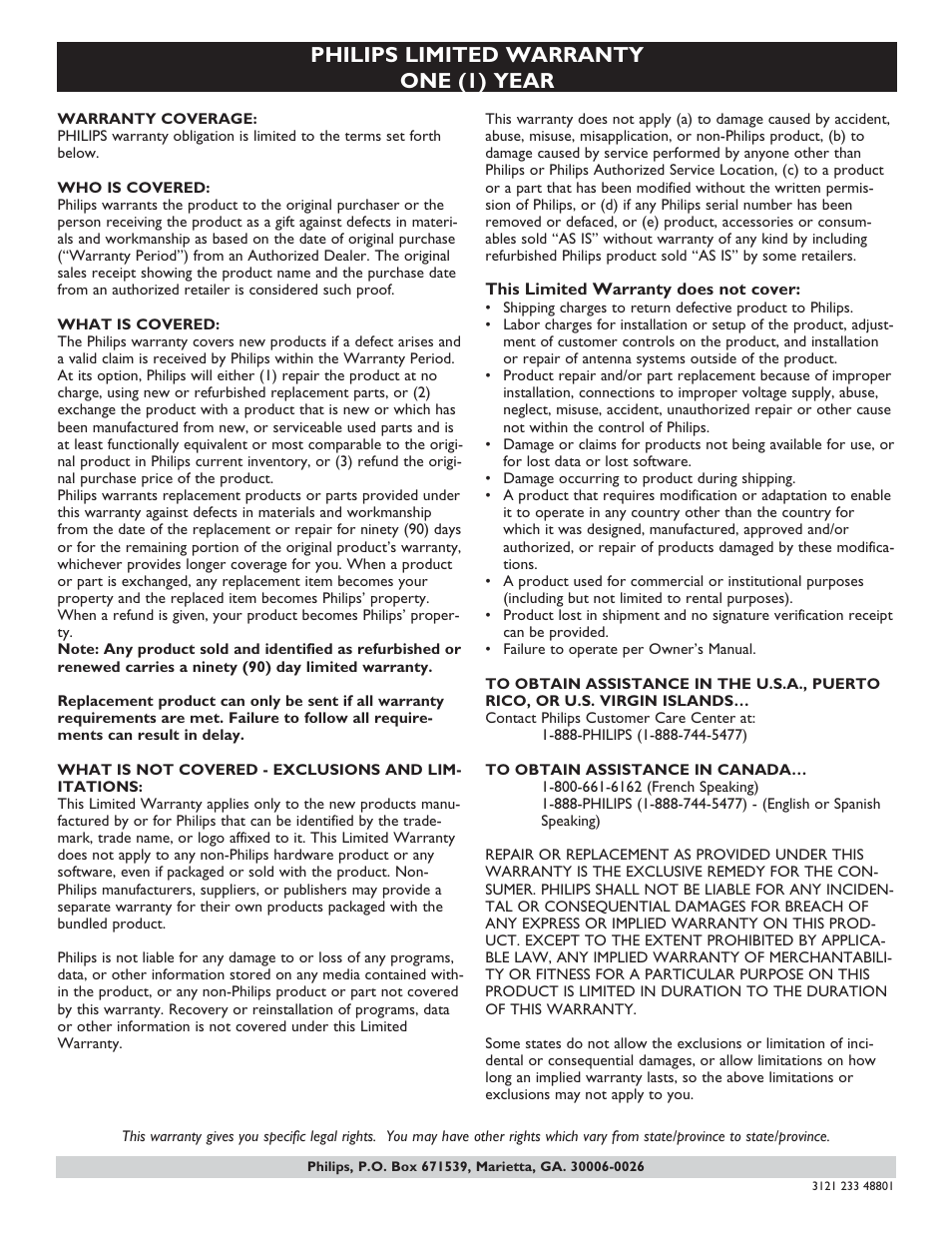 Philips limited warranty one (1) year | Philips HTS5800H-37 User Manual | Page 101 / 101