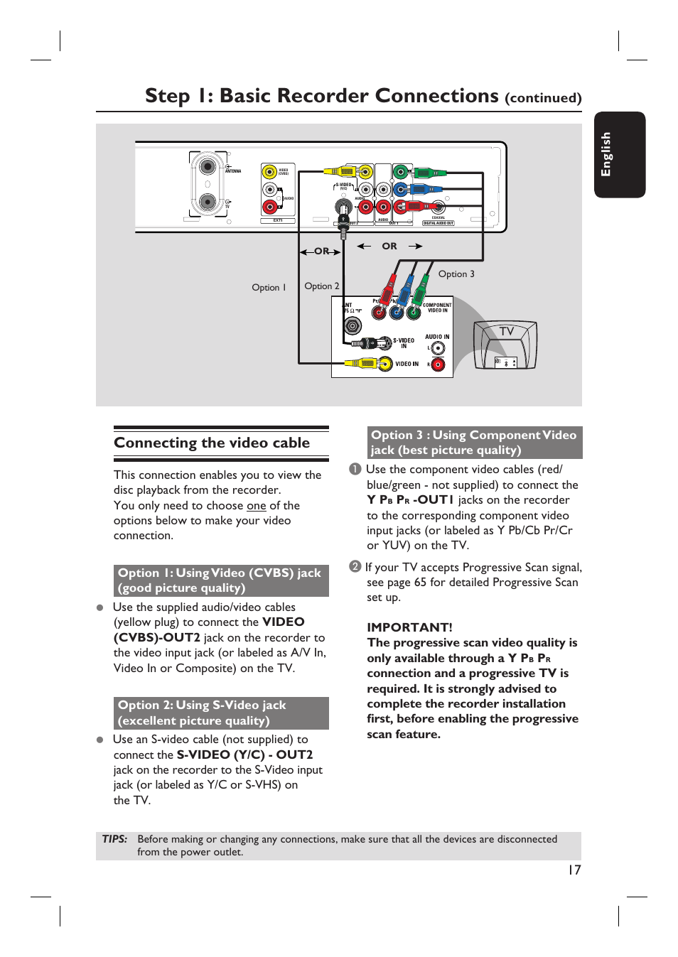 Step 1: basic recorder connections, Connecting the video cable, Continued) | Eng li sh | Philips HTS5800H-37 User Manual | Page 17 / 101