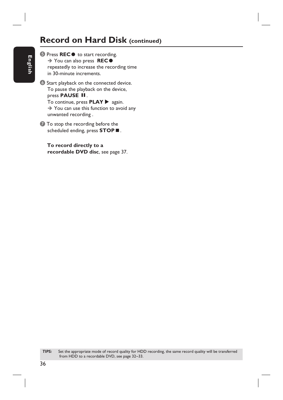 Record on hard disk | Philips HTS5800H-37 User Manual | Page 36 / 101