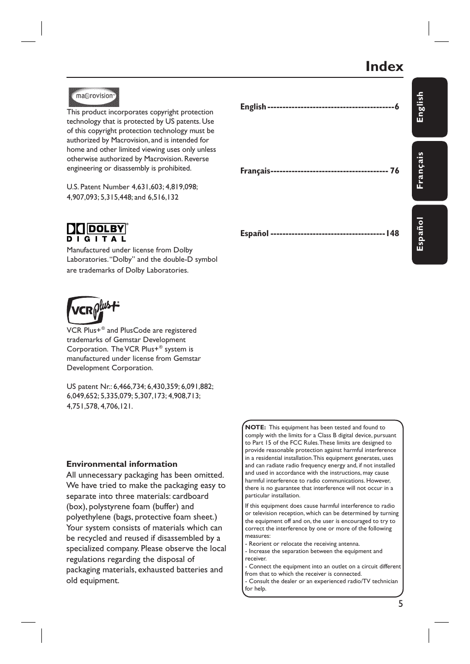 Index | Philips HTS5800H-37 User Manual | Page 5 / 101