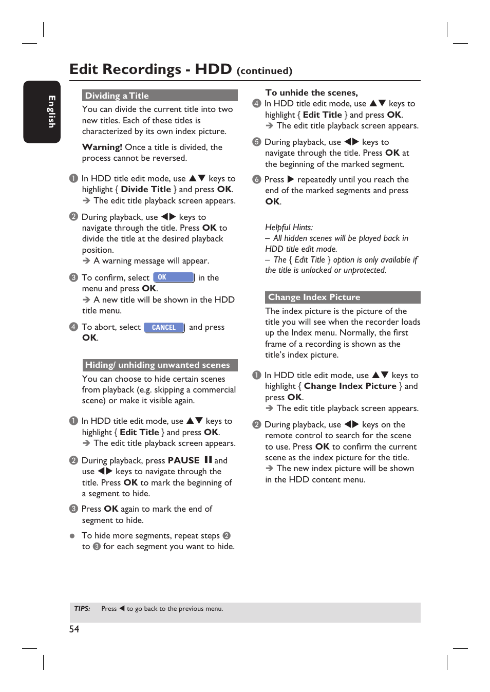 Edit recordings - hdd | Philips HTS5800H-37 User Manual | Page 54 / 101