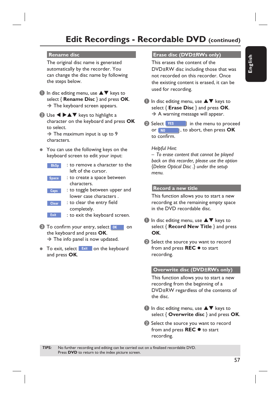 Edit recordings - recordable dvd | Philips HTS5800H-37 User Manual | Page 57 / 101