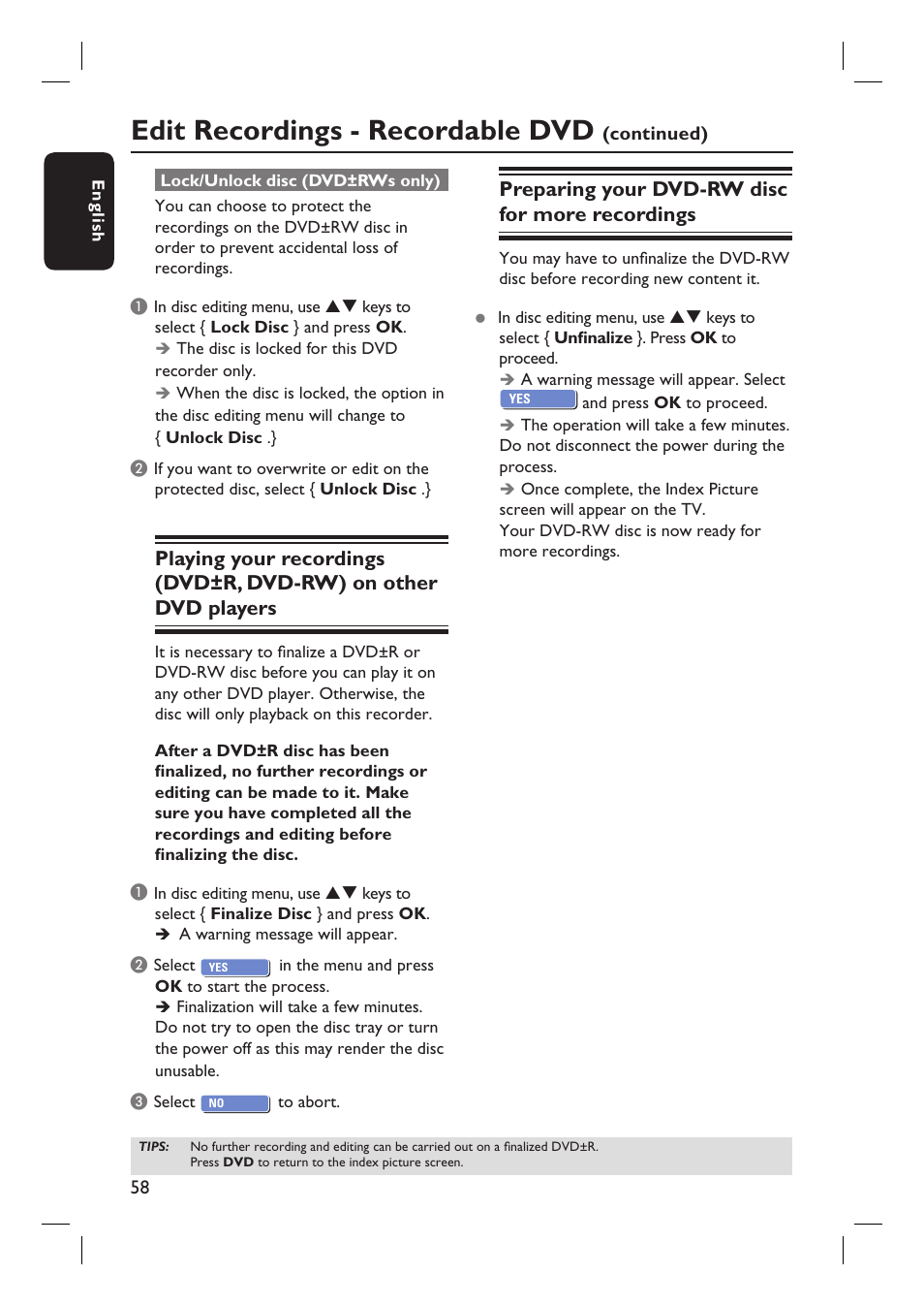 Edit recordings - recordable dvd, Preparing your dvd-rw disc for more recordings | Philips HTS5800H-37 User Manual | Page 58 / 101