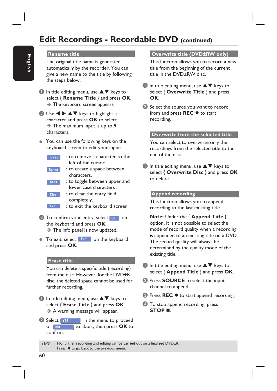 Edit recordings - recordable dvd | Philips HTS5800H-37 User Manual | Page 60 / 101