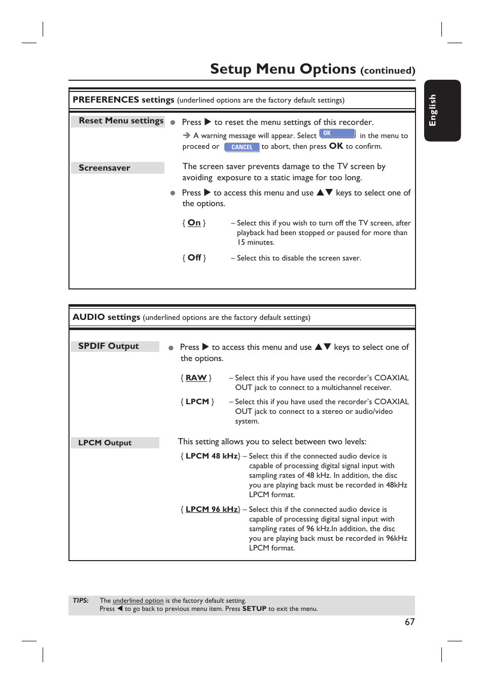 Setup menu options, Continued) | Philips HTS5800H-37 User Manual | Page 67 / 101