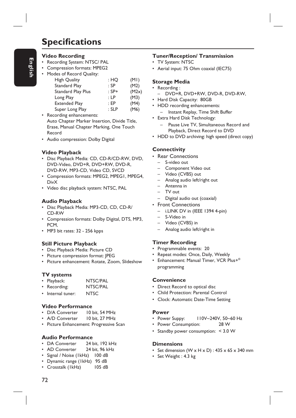 Specifi cations | Philips HTS5800H-37 User Manual | Page 72 / 101