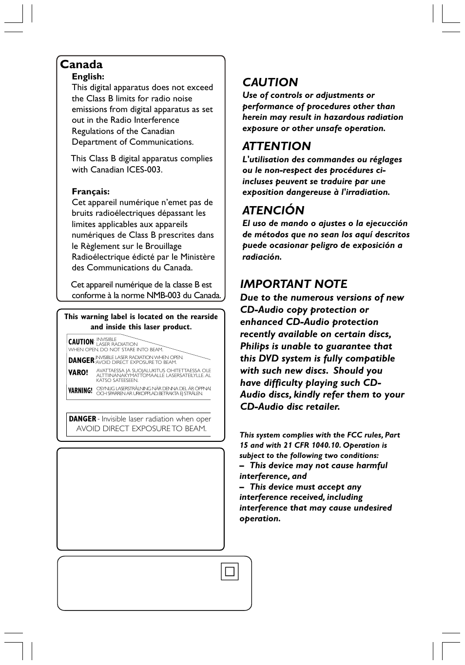 Caution, Attention, Atención | Canada | Philips HTS5800H-37 User Manual | Page 79 / 101