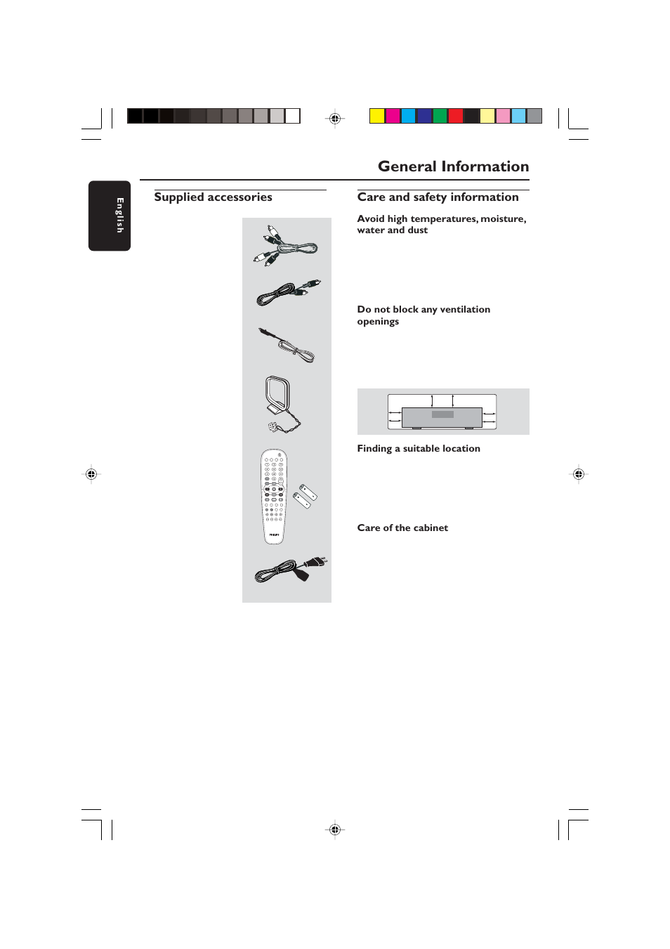 General information, Supplied accessories, Care and safety information | Audio cables (red, white) coaxial cable | Philips HTS5800H-37 User Manual | Page 83 / 101