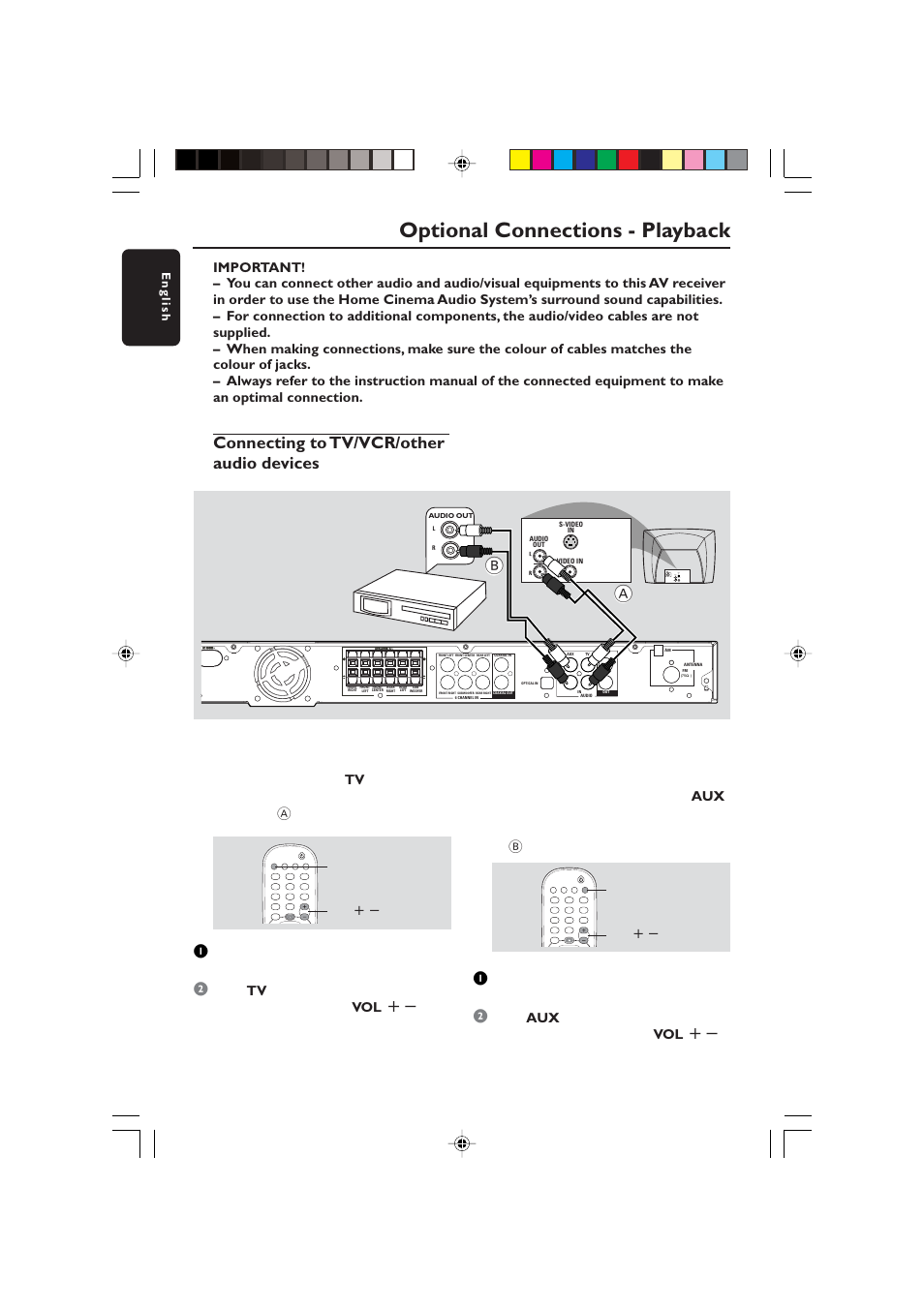 Optional connections - playback, Connecting to tv/vcr/other audio devices, Before starting operation | Start playing back the connected source as usual, Vcr/cd/tape player (for example), English, Tv vol, Aux vol, Audio out s-video in video in | Philips HTS5800H-37 User Manual | Page 87 / 101