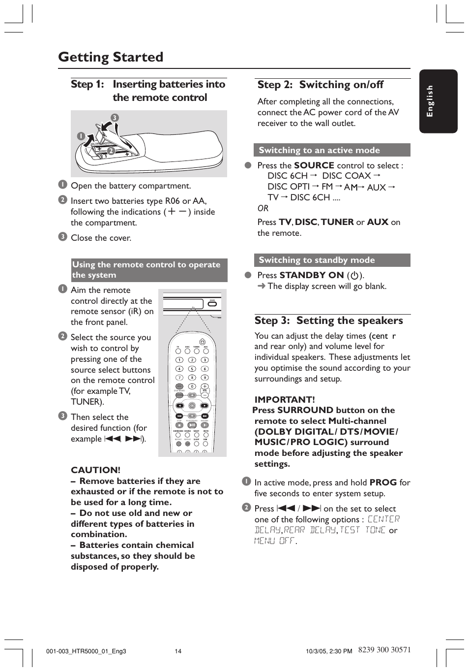 Getting started, Step 3: setting the speakers, Step 2: switching on/off | Philips HTS5800H-37 User Manual | Page 92 / 101