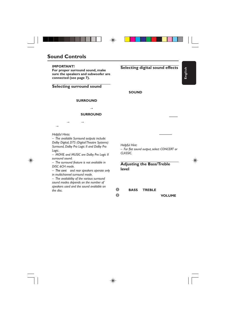 Sound controls, Selecting surround sound, Selecting digital sound effects | Adjusting the bass/treble level | Philips HTS5800H-37 User Manual | Page 94 / 101