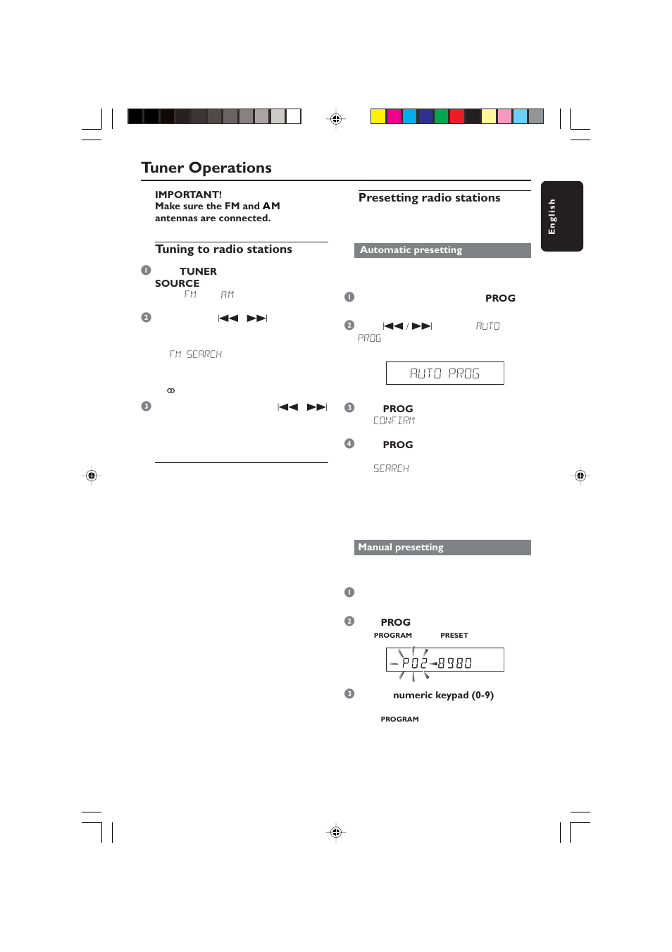 Tuner operations, Auto prog, Tuning to radio stations 1 | Presetting radio stations | Philips HTS5800H-37 User Manual | Page 96 / 101