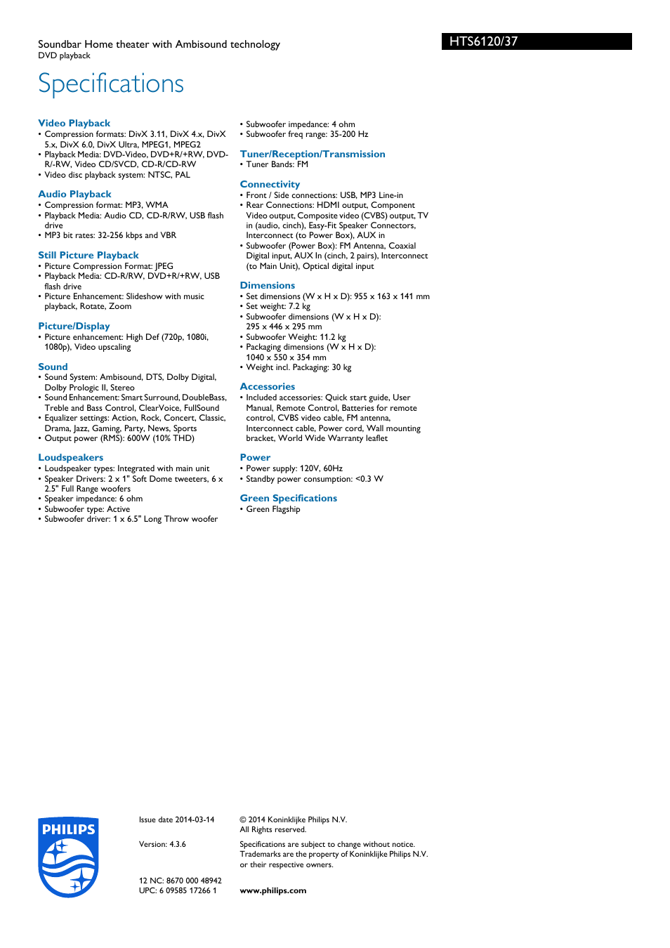 Specifications | Philips HTS6120-37 User Manual | Page 3 / 3