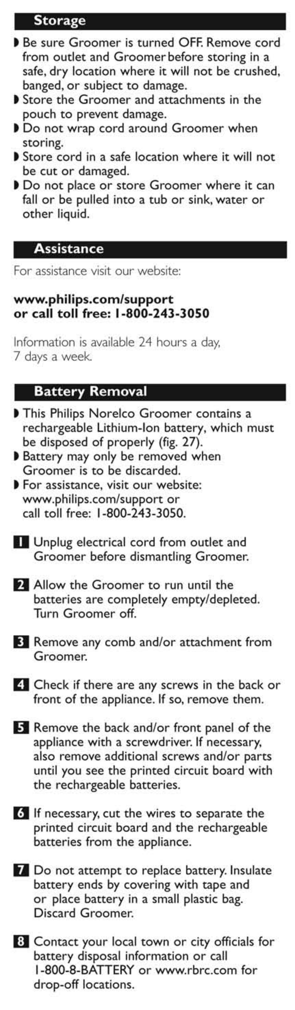 Storage, Assistance, Battery removal | Philips QG3270-41 User Manual | Page 12 / 13