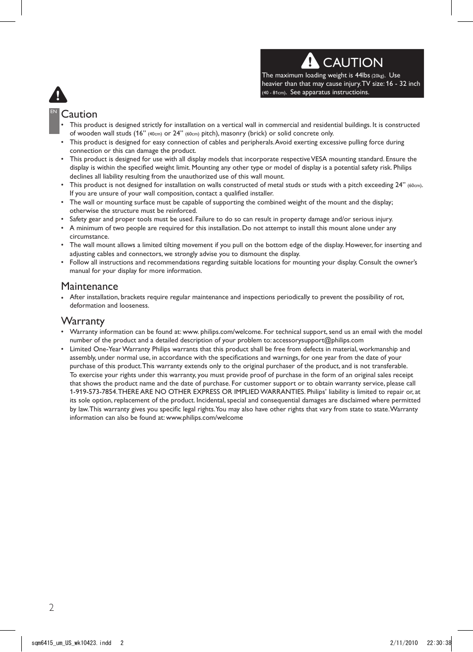 Caution, Maintenance, Warranty | Philips SQM6415-27 User Manual | Page 2 / 16