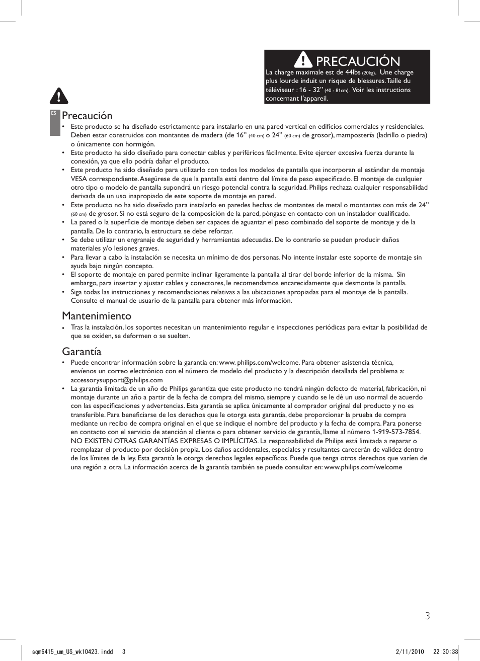 Precaución, Mantenimiento, Garantía | Philips SQM6415-27 User Manual | Page 3 / 16