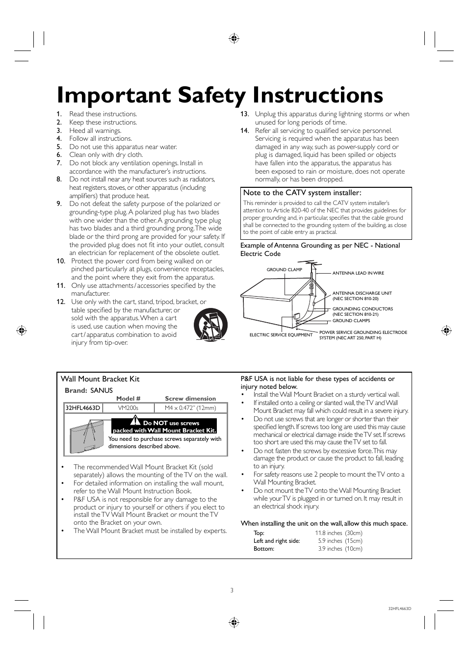 Important safety instructions | Philips 32HFL4663D-F7 User Manual | Page 3 / 12