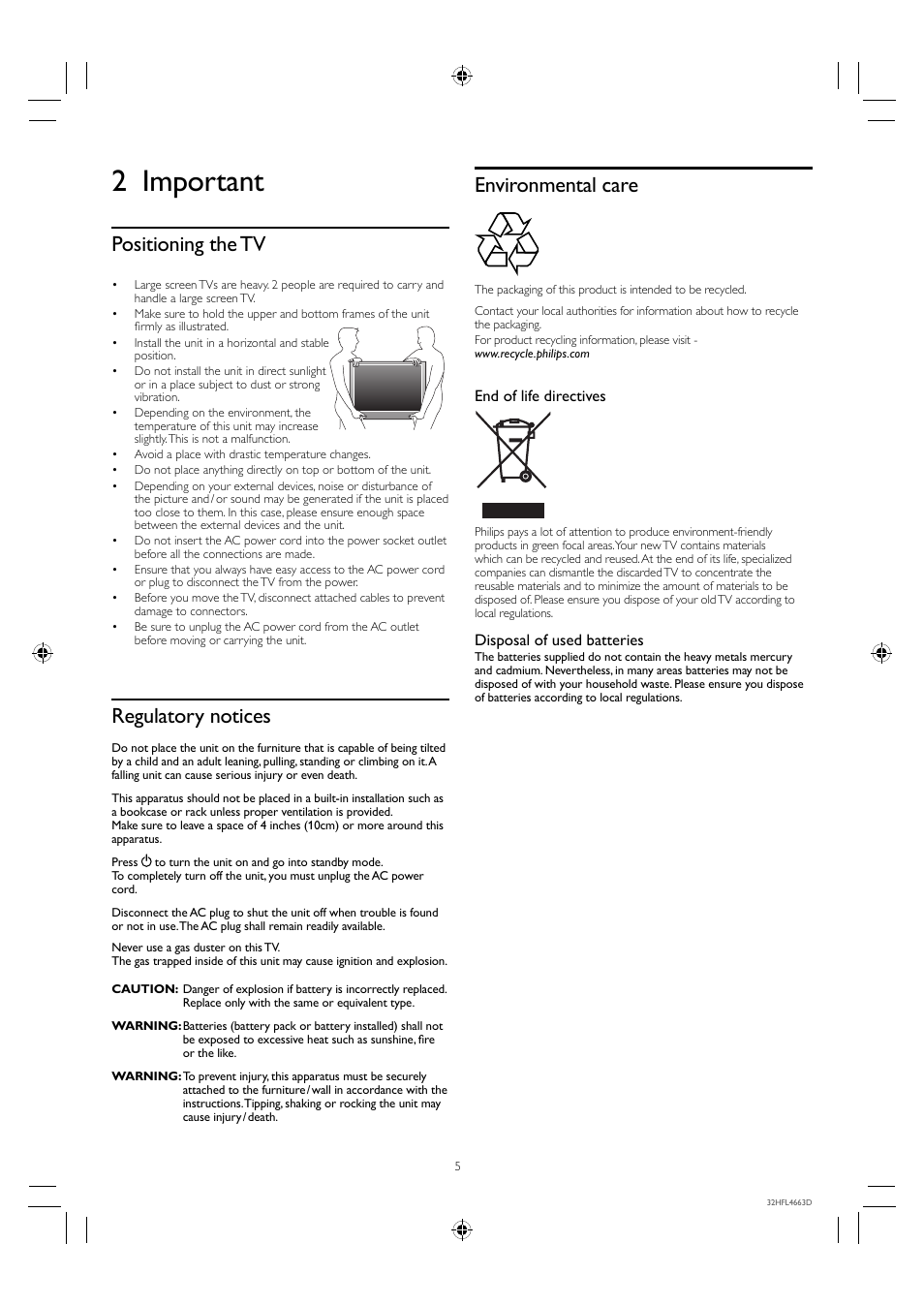 2 important, Positioning the tv, Regulatory notices | Environmental care | Philips 32HFL4663D-F7 User Manual | Page 5 / 12