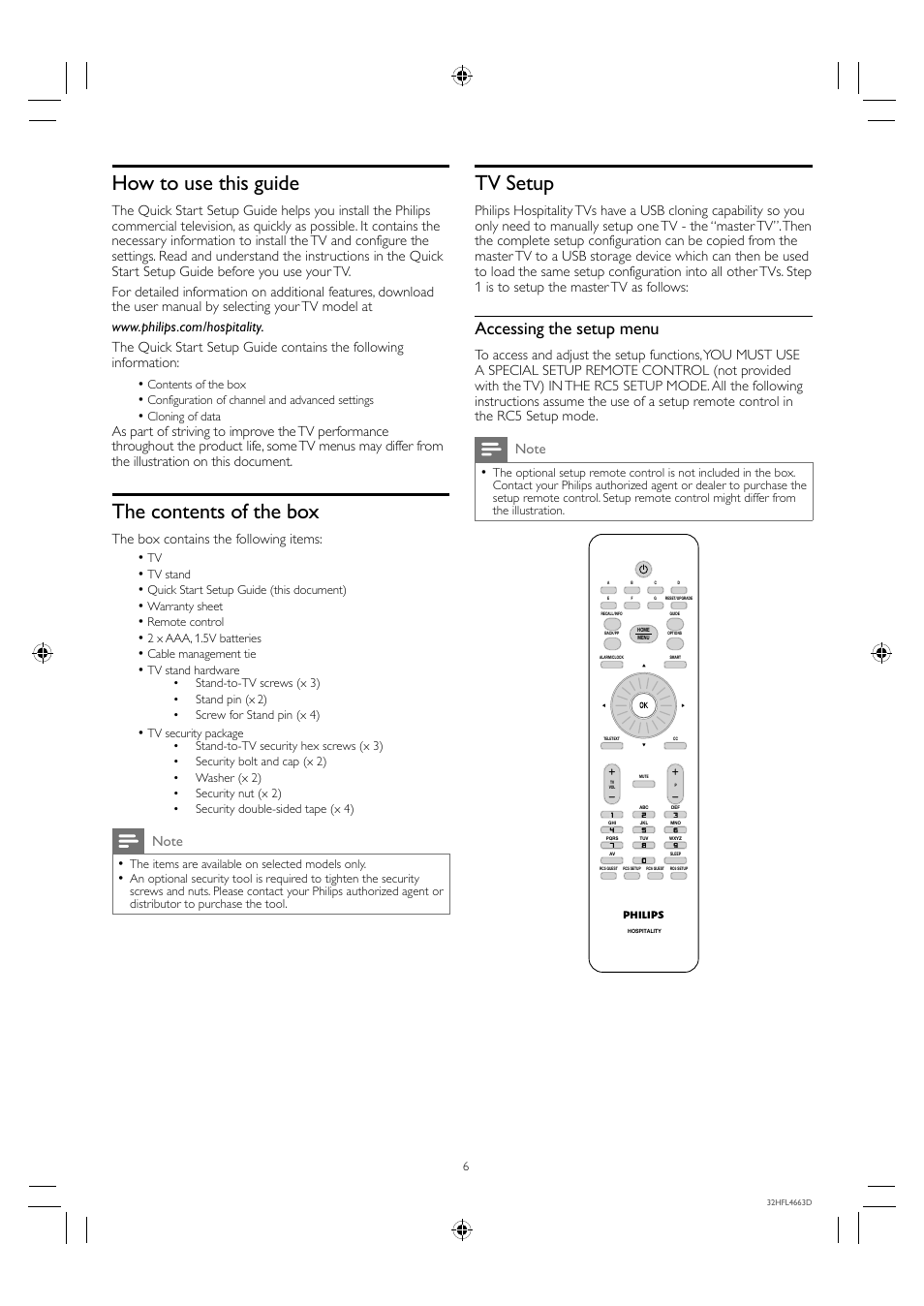 How to use this guide, The contents of the box, Tv setup | Accessing the setup menu | Philips 32HFL4663D-F7 User Manual | Page 6 / 12