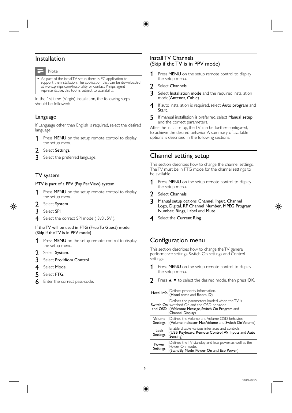 Installation, Channel setting setup, Configuration menu | Philips 32HFL4663D-F7 User Manual | Page 9 / 12