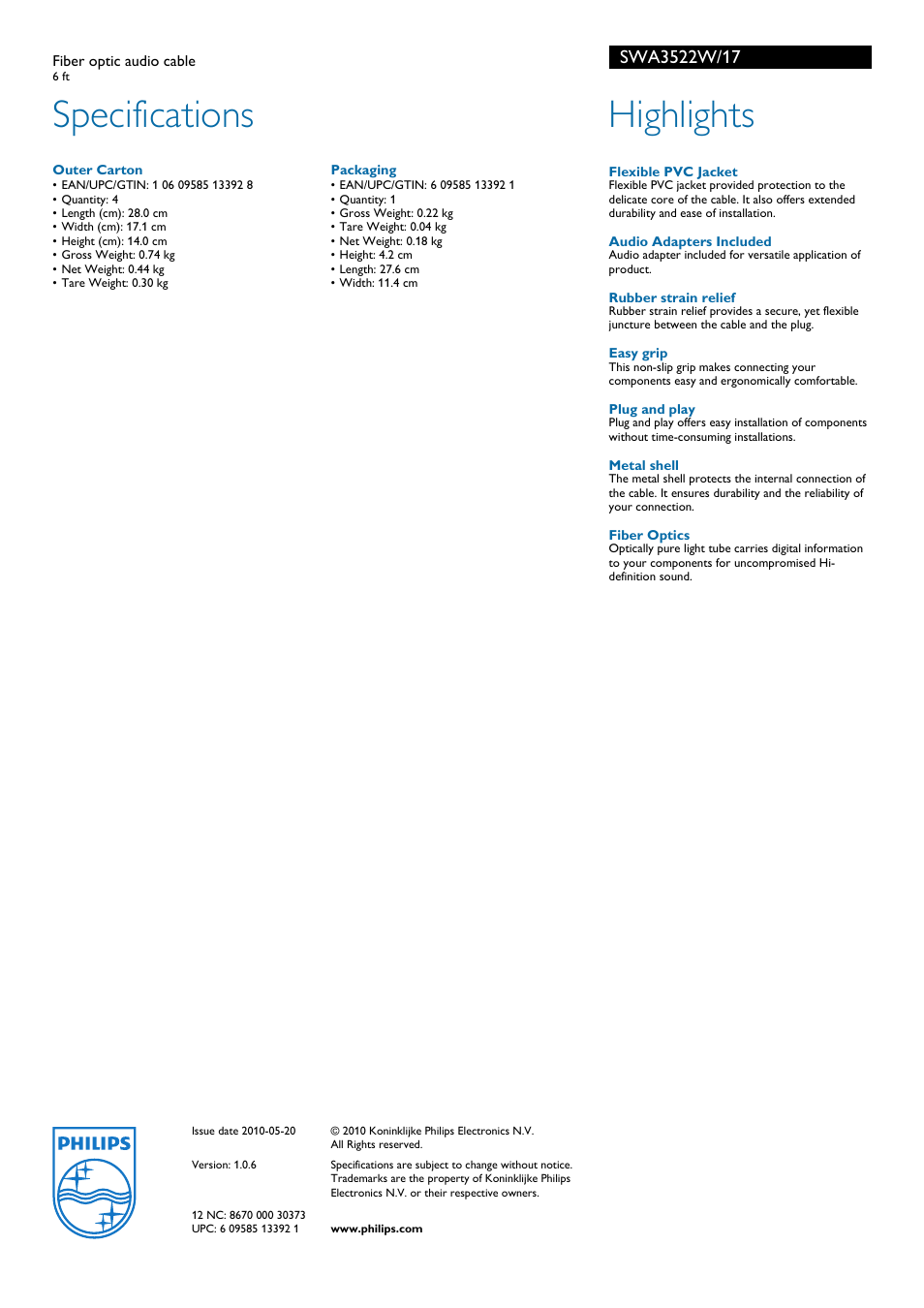 Specifications, Highlights | Philips SWA3522W-17 User Manual | Page 2 / 2