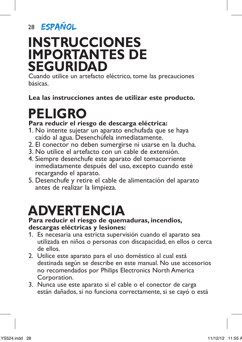 Instrucciones importantes de seguridad, Peligro, Advertencia | Español | Philips YS524-41 User Manual | Page 28 / 52