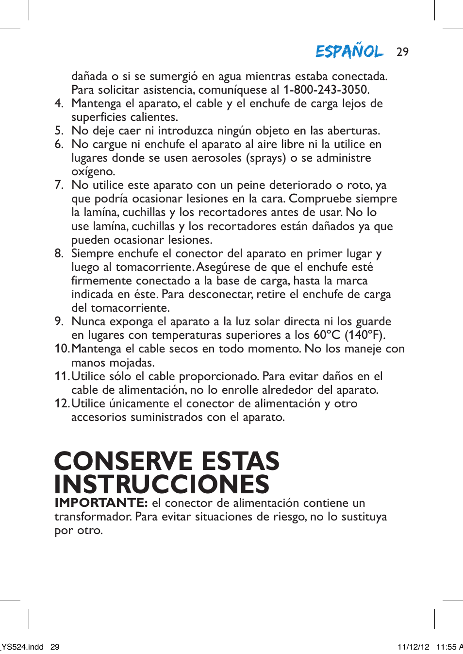 Conserve estas instrucciones, Español | Philips YS524-41 User Manual | Page 29 / 52