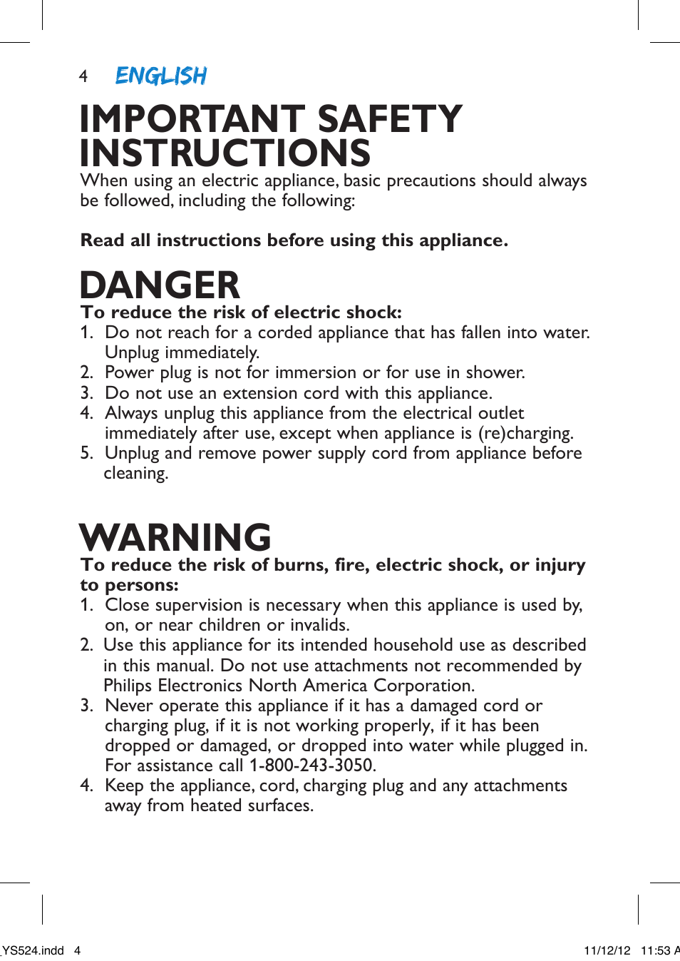 Important safety instructions, Danger, Warning | English | Philips YS524-41 User Manual | Page 4 / 52